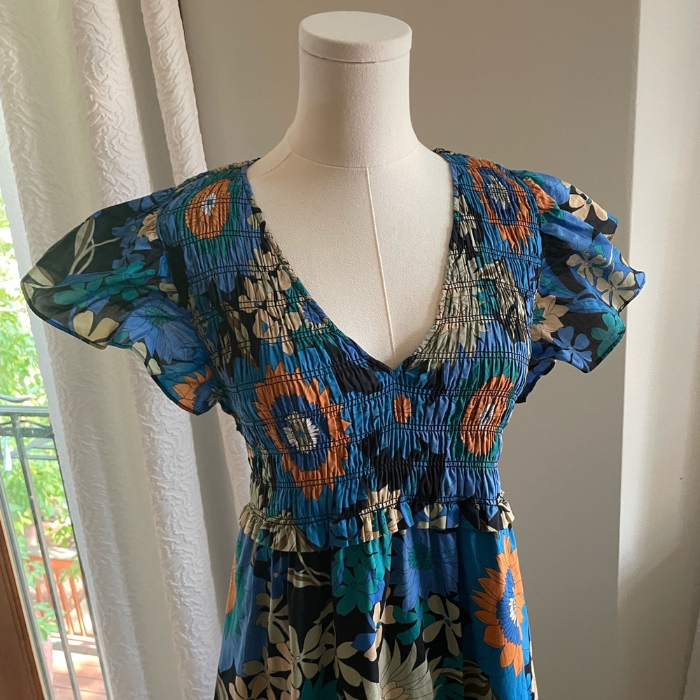 Rails Clementine Smocked NWOT Cotton Floral Dress Pockets Small fits Medium Midi - Picture 5 of 10